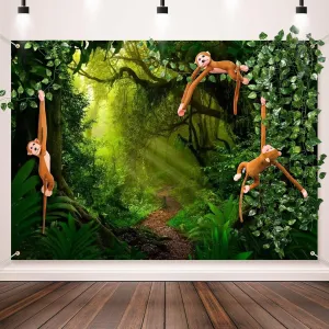 10 Pcs Jungle Safari Party Decoration 7x5ft Jungle Forest Photography Backdrop Stuffed Monkeys Fake Vines Rainforest Natural Scenery Background for Safari Animals Themed Party Decor Photo Banner Props