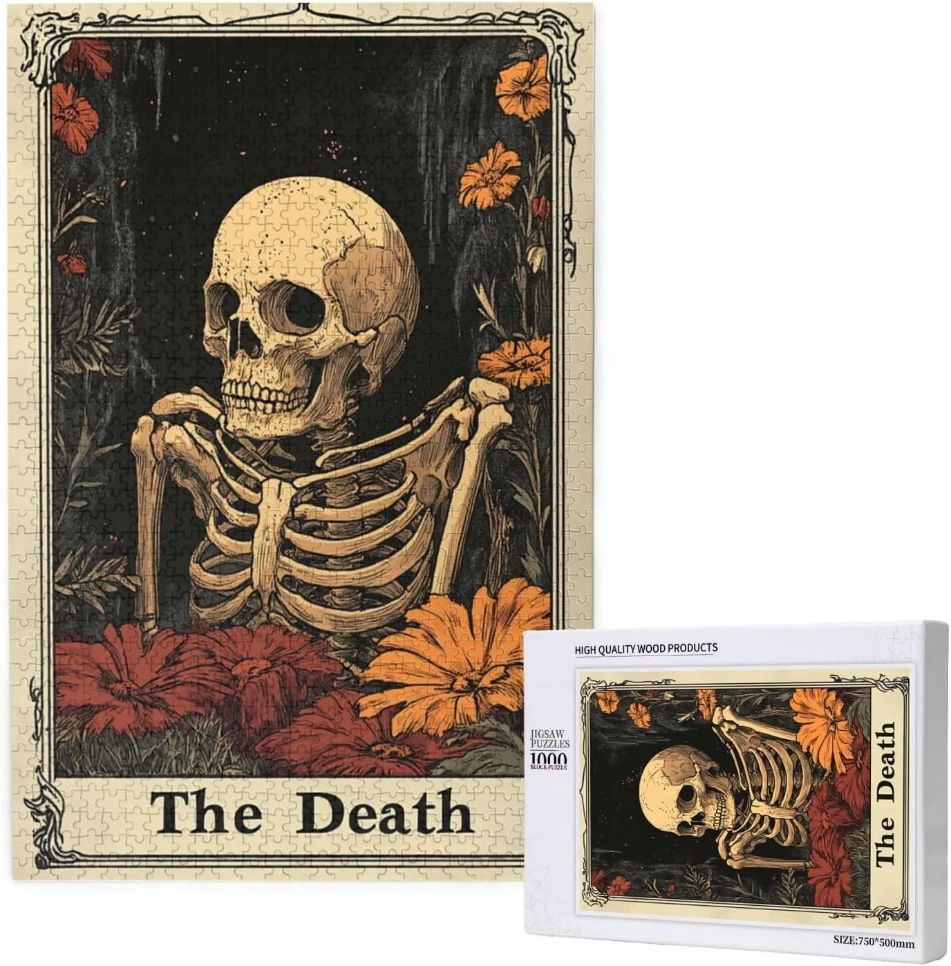 1000 Piece Wooden Puzzle for Adults,Skeletal Tarot Card with Intricate Death Symbolism,Brain Training Challenge,Stress Relief Activity,Gothic Divination Artwork,Eco-Friendly Pieces