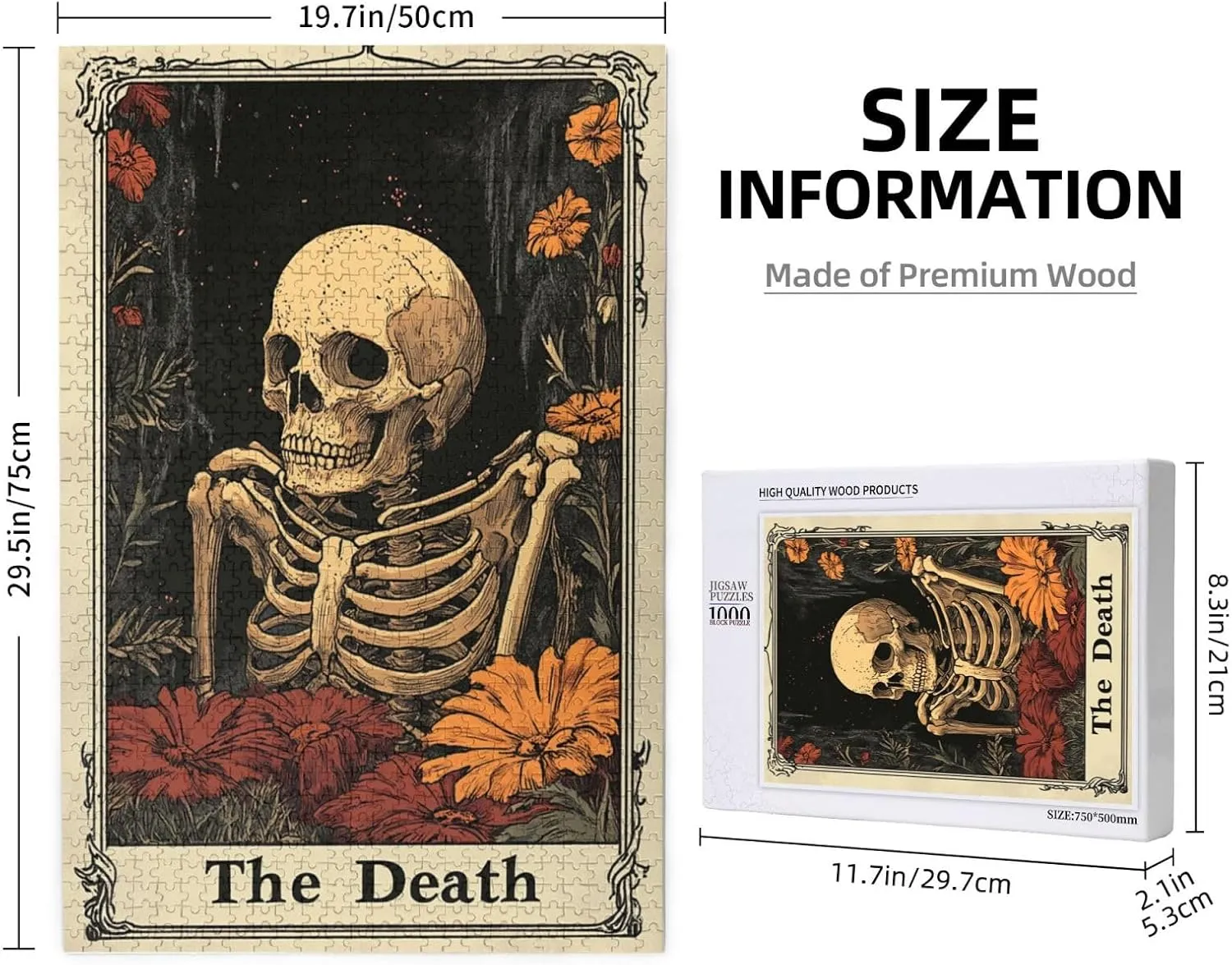 1000 Piece Wooden Puzzle for Adults,Skeletal Tarot Card with Intricate Death Symbolism,Brain Training Challenge,Stress Relief Activity,Gothic Divination Artwork,Eco-Friendly Pieces