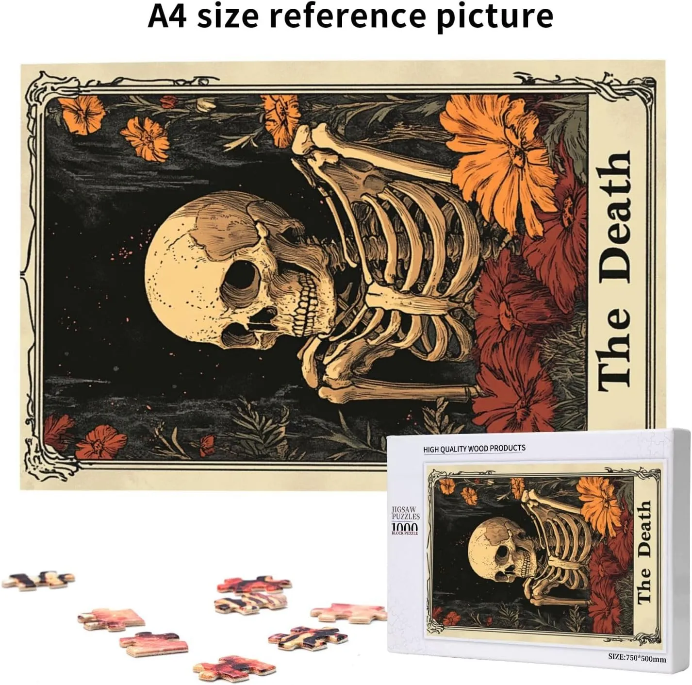 1000 Piece Wooden Puzzle for Adults,Skeletal Tarot Card with Intricate Death Symbolism,Brain Training Challenge,Stress Relief Activity,Gothic Divination Artwork,Eco-Friendly Pieces
