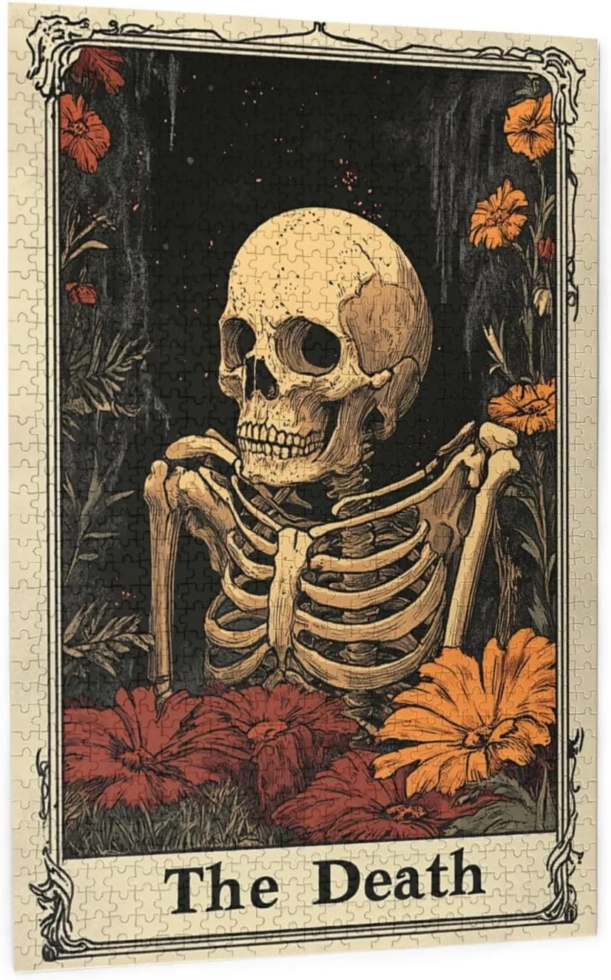 1000 Piece Wooden Puzzle for Adults,Skeletal Tarot Card with Intricate Death Symbolism,Brain Training Challenge,Stress Relief Activity,Gothic Divination Artwork,Eco-Friendly Pieces