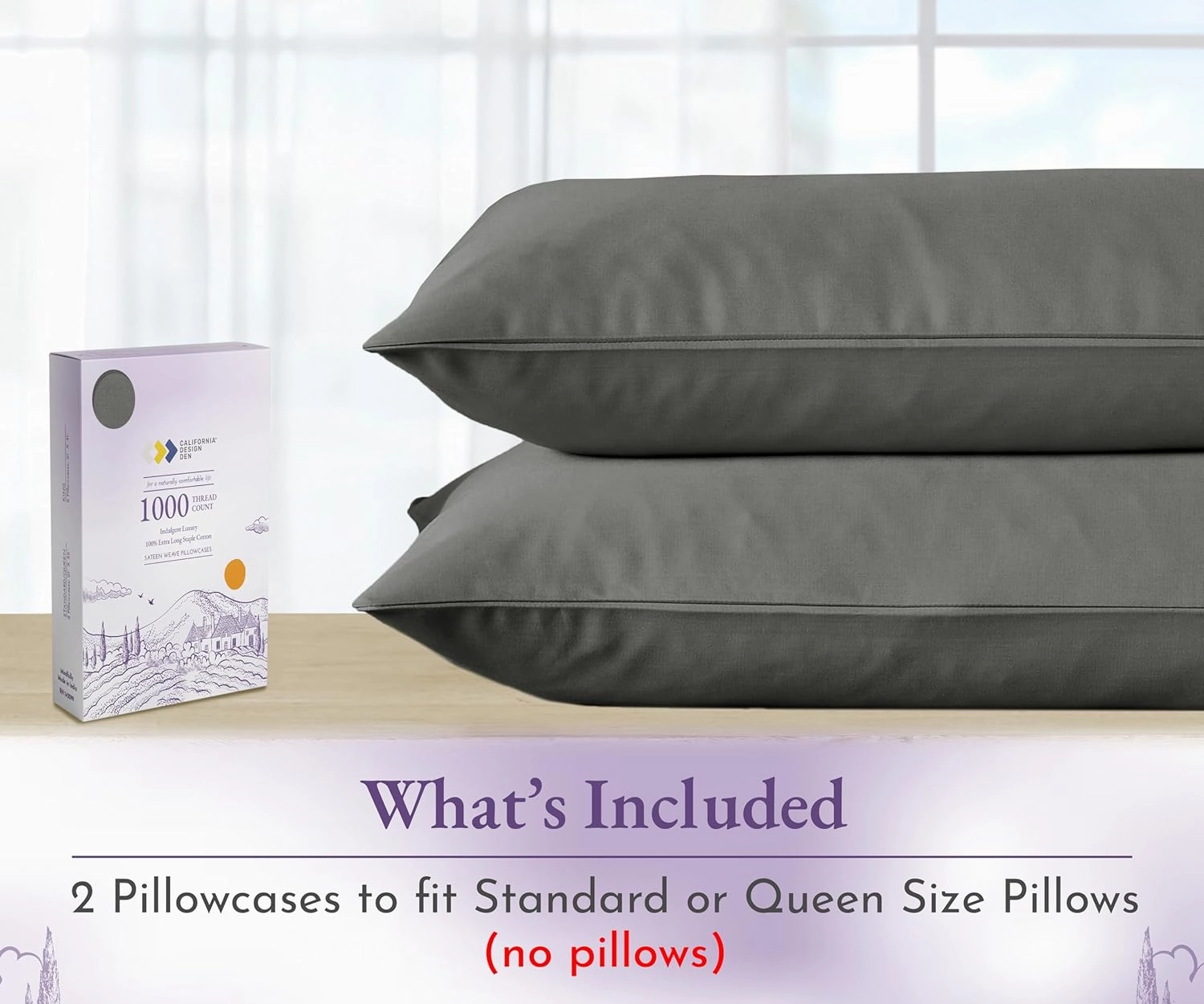 1000 Thread Count, Soft & Smooth, 100% Cotton Sateen Weave, Hotel-Quality, Set of 2 Classic Style Grey Pillow Case Queen Size Fits Std & Queen Size Pillows