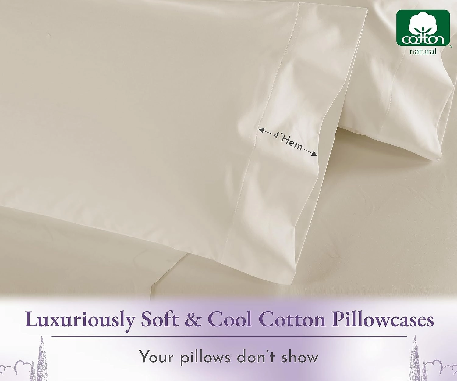 1000 Thread Count, Soft & Smooth, 100% Cotton Sateen Weave, Hotel-Quality, Set of 2 Classic Style Ivory Pillow Cases Queen Size Fits Std & Queen Size Pillows