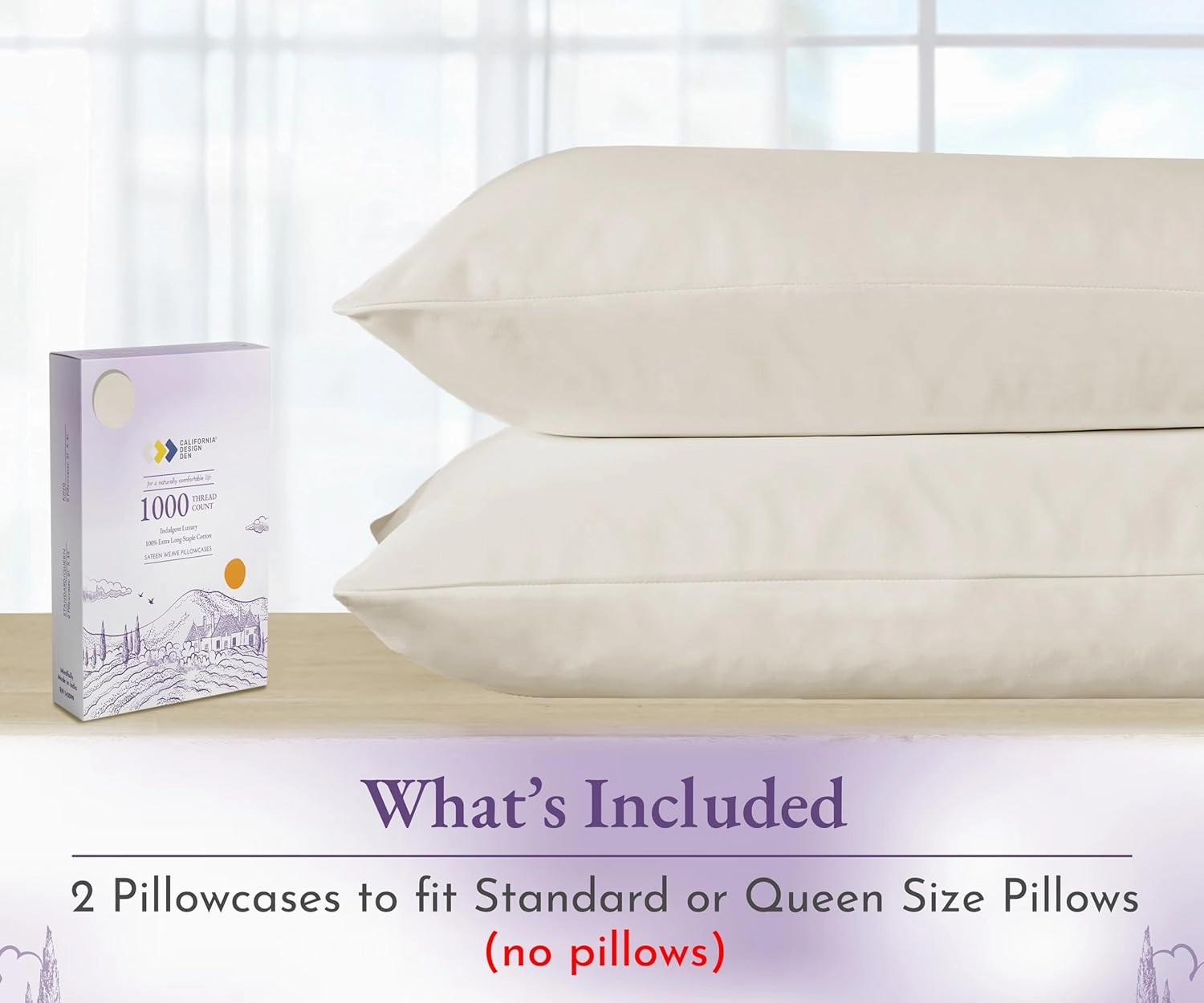1000 Thread Count, Soft & Smooth, 100% Cotton Sateen Weave, Hotel-Quality, Set of 2 Classic Style Ivory Pillow Cases Queen Size Fits Std & Queen Size Pillows