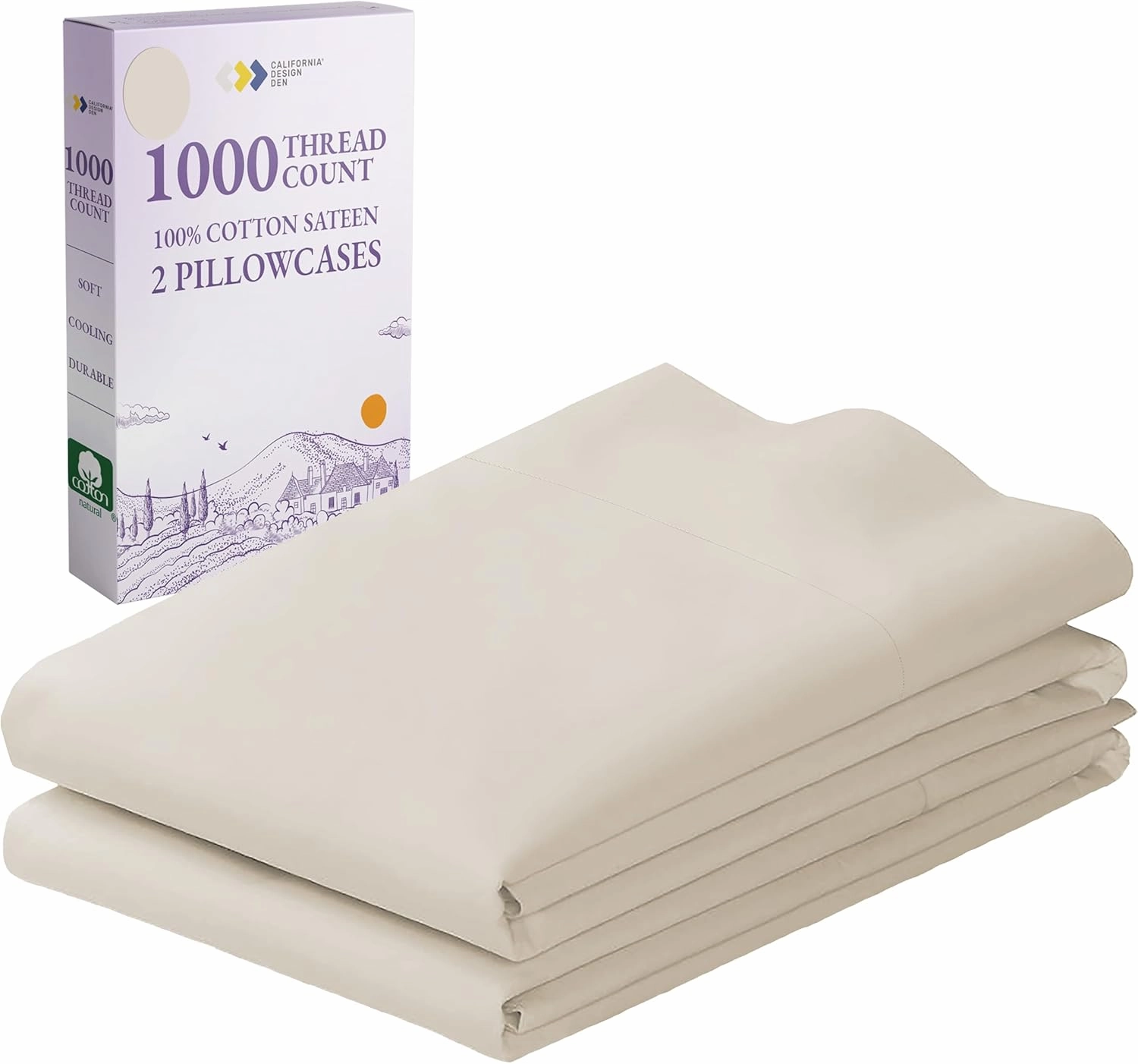 1000 Thread Count, Soft & Smooth, 100% Cotton Sateen Weave, Hotel-Quality, Set of 2 Classic Style Ivory Pillow Cases Queen Size Fits Std & Queen Size Pillows