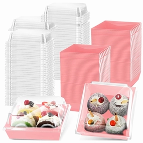 100 Pack Charcuterie Boxes with Clear Lids Valentine‘s Day 5 Inch Cookie Boxes Disposable Cake Case Paper Square Cookie Containers Dessert for Sandwich Slice Cake Hot Cocoa Bombs Strawberries(Pink)