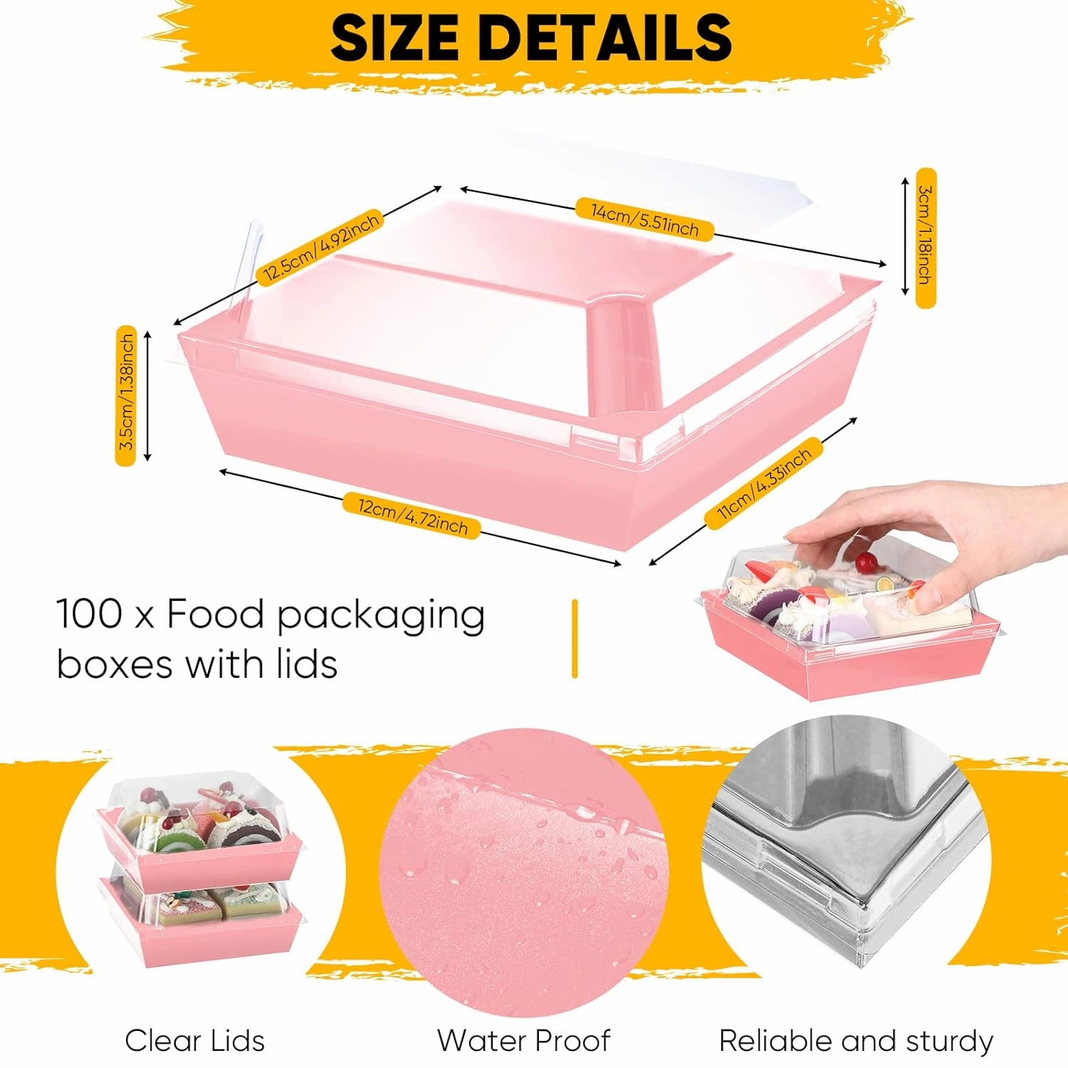 100 Pack Charcuterie Boxes with Clear Lids Valentine‘s Day 5 Inch Cookie Boxes Disposable Cake Case Paper Square Cookie Containers Dessert for Sandwich Slice Cake Hot Cocoa Bombs Strawberries(Pink)