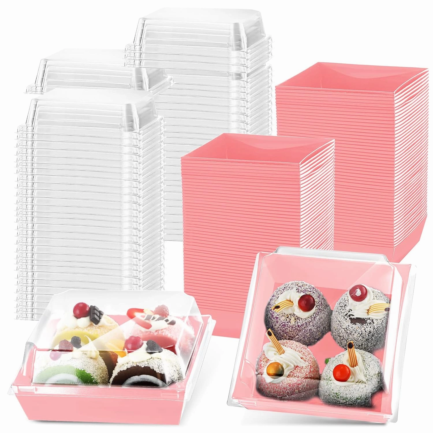 100 Pack Charcuterie Boxes with Clear Lids Valentine‘s Day 5 Inch Cookie Boxes Disposable Cake Case Paper Square Cookie Containers Dessert for Sandwich Slice Cake Hot Cocoa Bombs Strawberries(Pink)