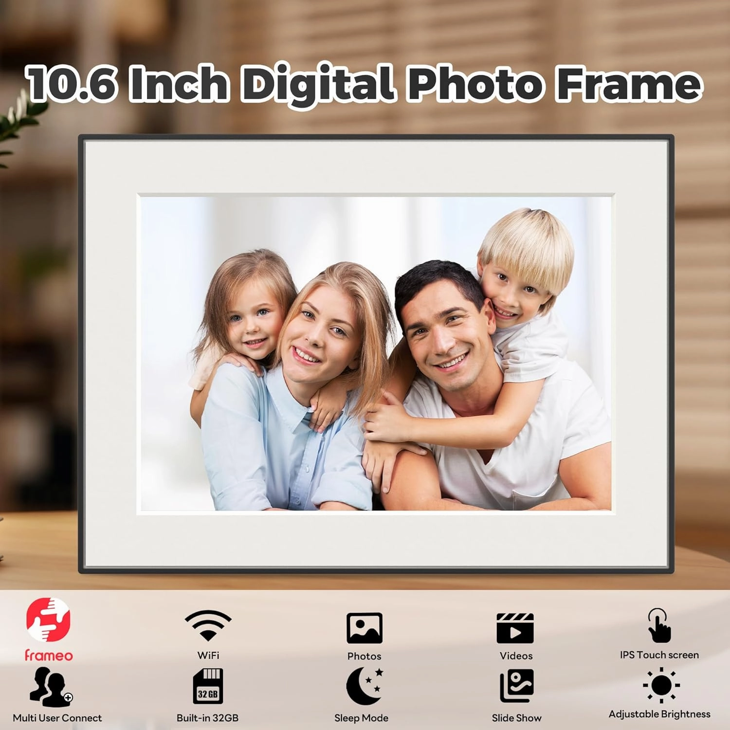 10.6 Inch Digital Photo Frame with 64GB Storage, 1920x1280 Resolution, Touch Screen, Frameo App for Instant Photo & Video Sharing Anywhere, Supports SD Card & USB Upload, Auto Rotate.