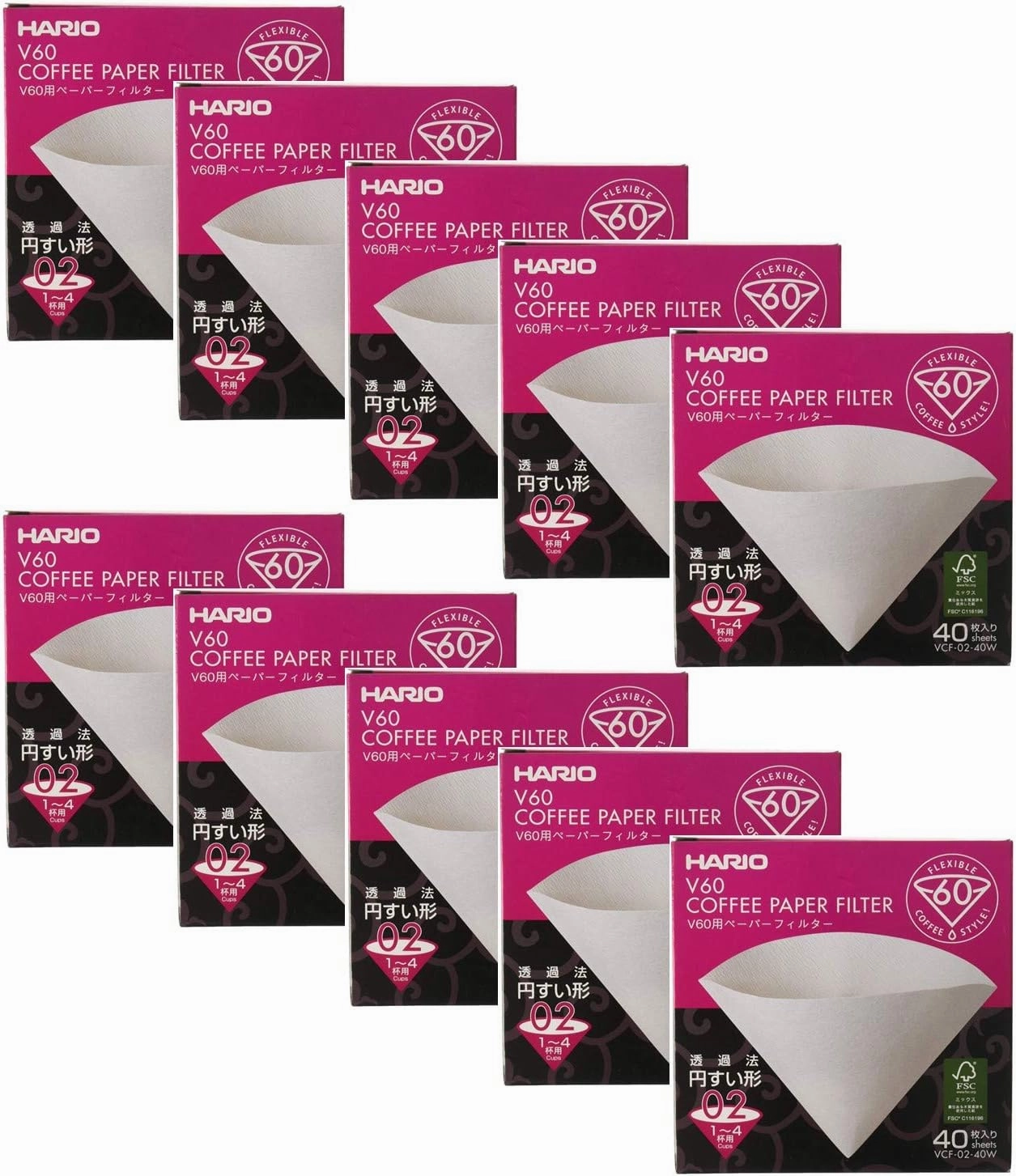 10 X Hario V60 Size 02 40-Count Boxed Coffee White Paper Filters, 10 Boxed Value Set (Total of 400 Sheets)