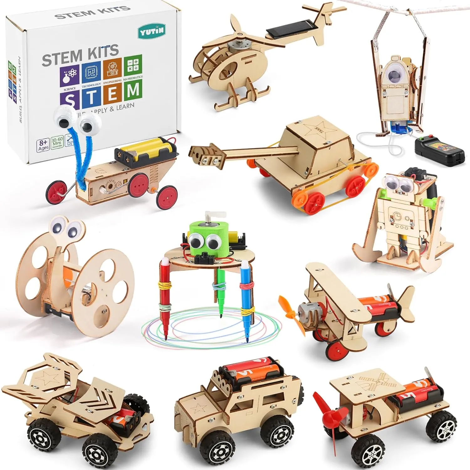 11 in 1 STEM Robot Building Kits for Kids, Wooden Car Model Kit for Boys Ages 6-8, Science Projects Electronic Motor Woodworking STEM Toys for Girls Age 6 7 8 9 10 11 12 