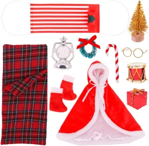 11 Pcs Christmas Elf Doll Clothes Accessories Set Include Cloak Glasses Pair of Socks Sleeping Bag Hanging Basket Drum Gift Box Lantern Cane Tree and Garland (Doll is not Included)