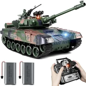 1:18 RC T-90 Remote Control Tank Model, 2.4Ghz Battle Army Tank with Smoke, Light, Sound, Volume Switch, Military Toy for Adults and Kids That Shoots BBs, Water Bombs