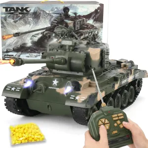 1/18 RC Tank That Shoots Airsoft BB's, US Army M26 Pershing Remote Control Military WW2 Tank Vehicle Toy for Adults & Kids with Rotating Turret, Lights, Sounds