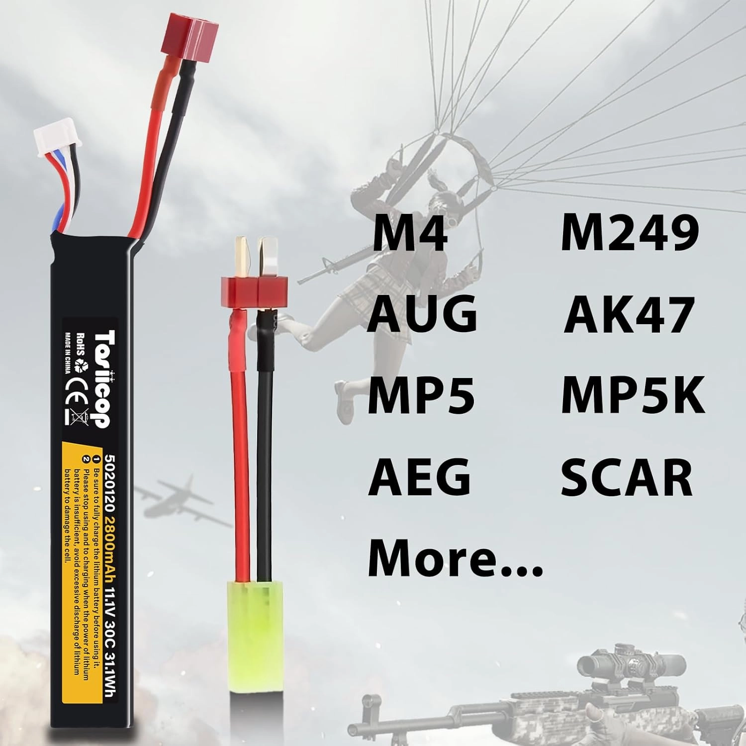 11.1V Airsoft Battery 2800mAh - Lipo Batteries 30C & XH-4P Connector with T Plug to Mini Tamiya Conversion Cable Rechargeable USB Charger for Airsoft Model Rifle Gel Blaster Accessories