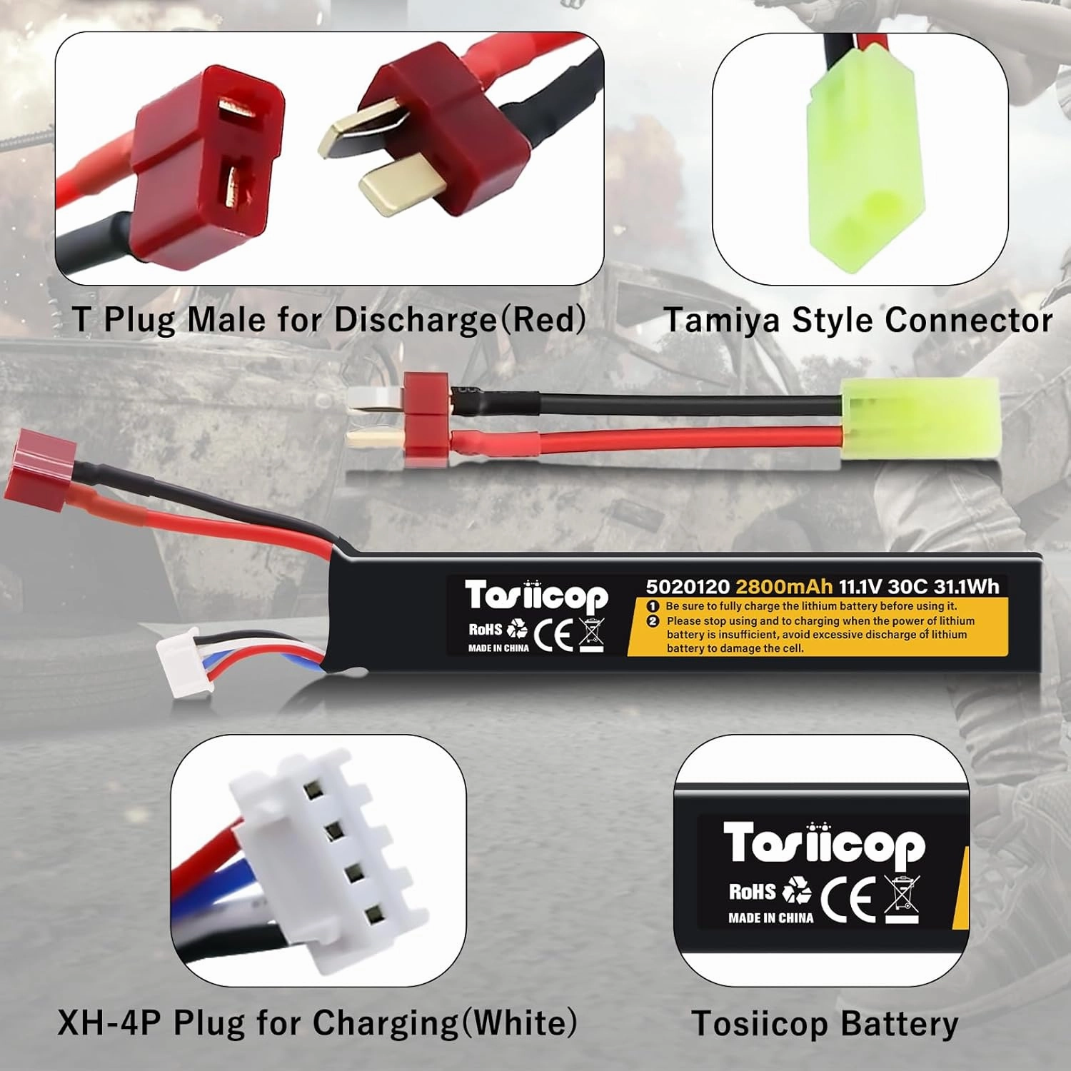 11.1V Airsoft Battery 2800mAh - Lipo Batteries 30C & XH-4P Connector with T Plug to Mini Tamiya Conversion Cable Rechargeable USB Charger for Airsoft Model Rifle Gel Blaster Accessories