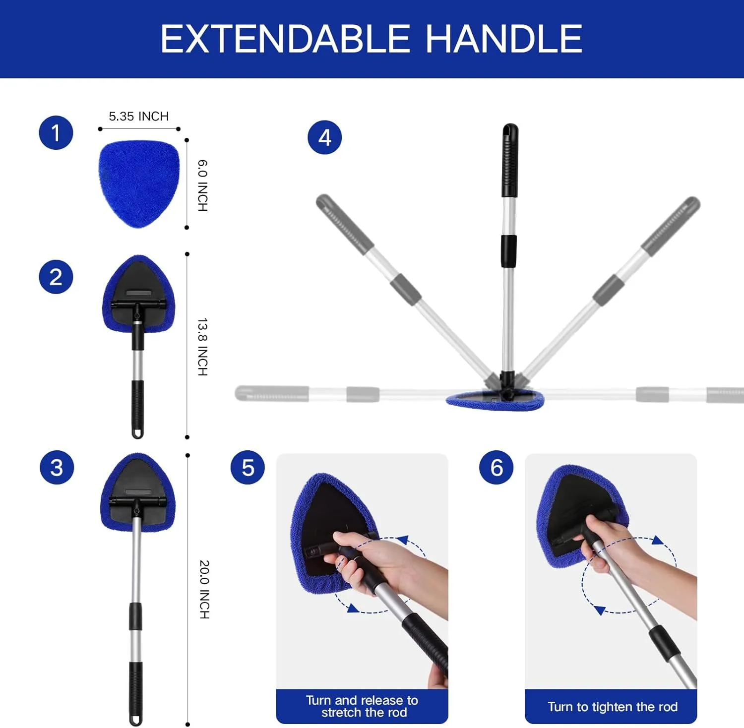 11pcs Windshield Cleaner Tool, Car Window Cleaning Wash Kit with 6 Reusable Microfiber Pads 2 Spray Bottles and Extendable Handles Auto Glass Wiper Kit, Blue