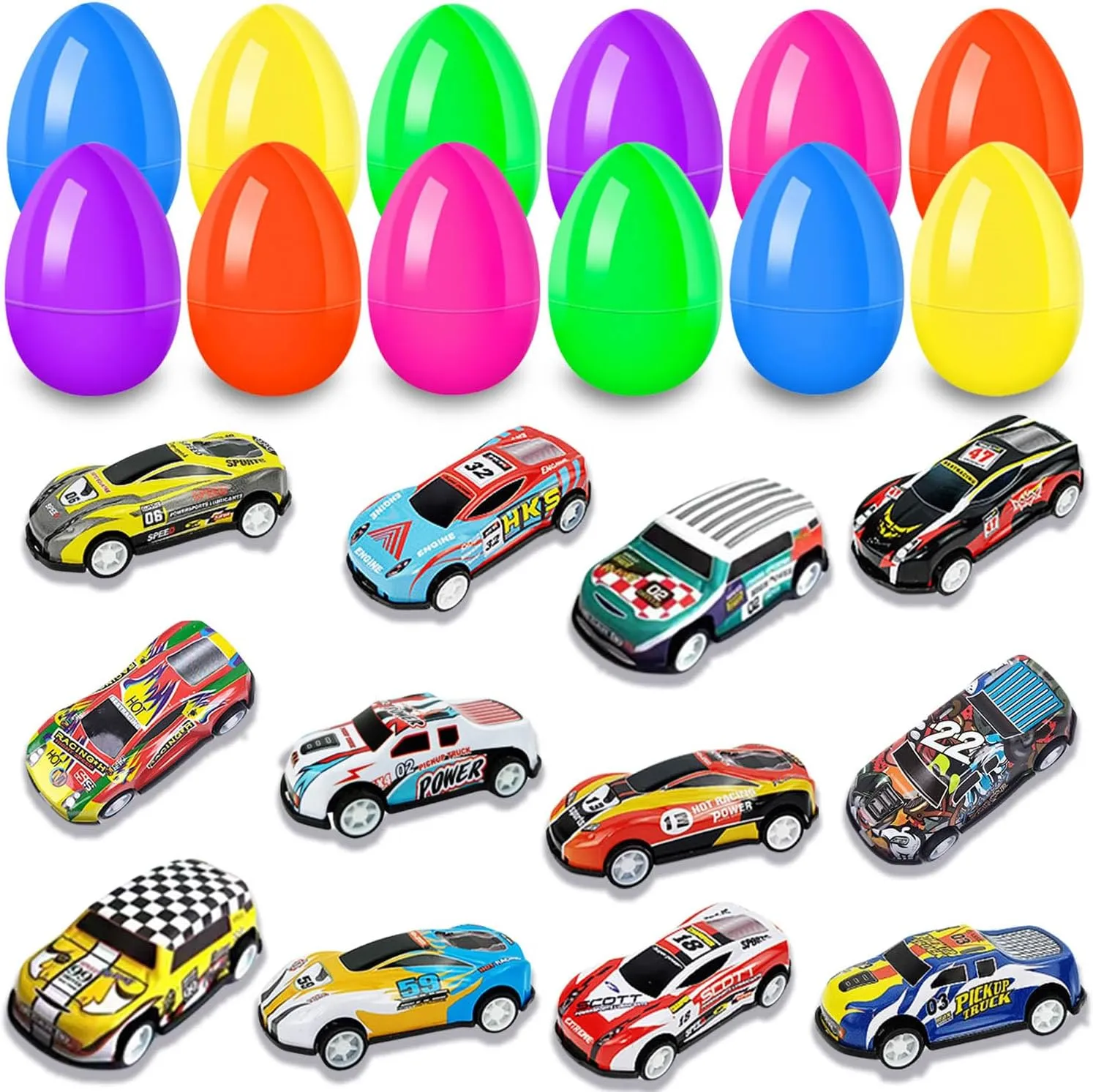 12 Pack Prefilled Easter Eggs with Cars Toys Inside, Easter Eggs Filled Alloy Pull Back Racing Cars for Kids Easter Basket Stuffers Gifts Easter Egg Hunt Party Favors Supplies