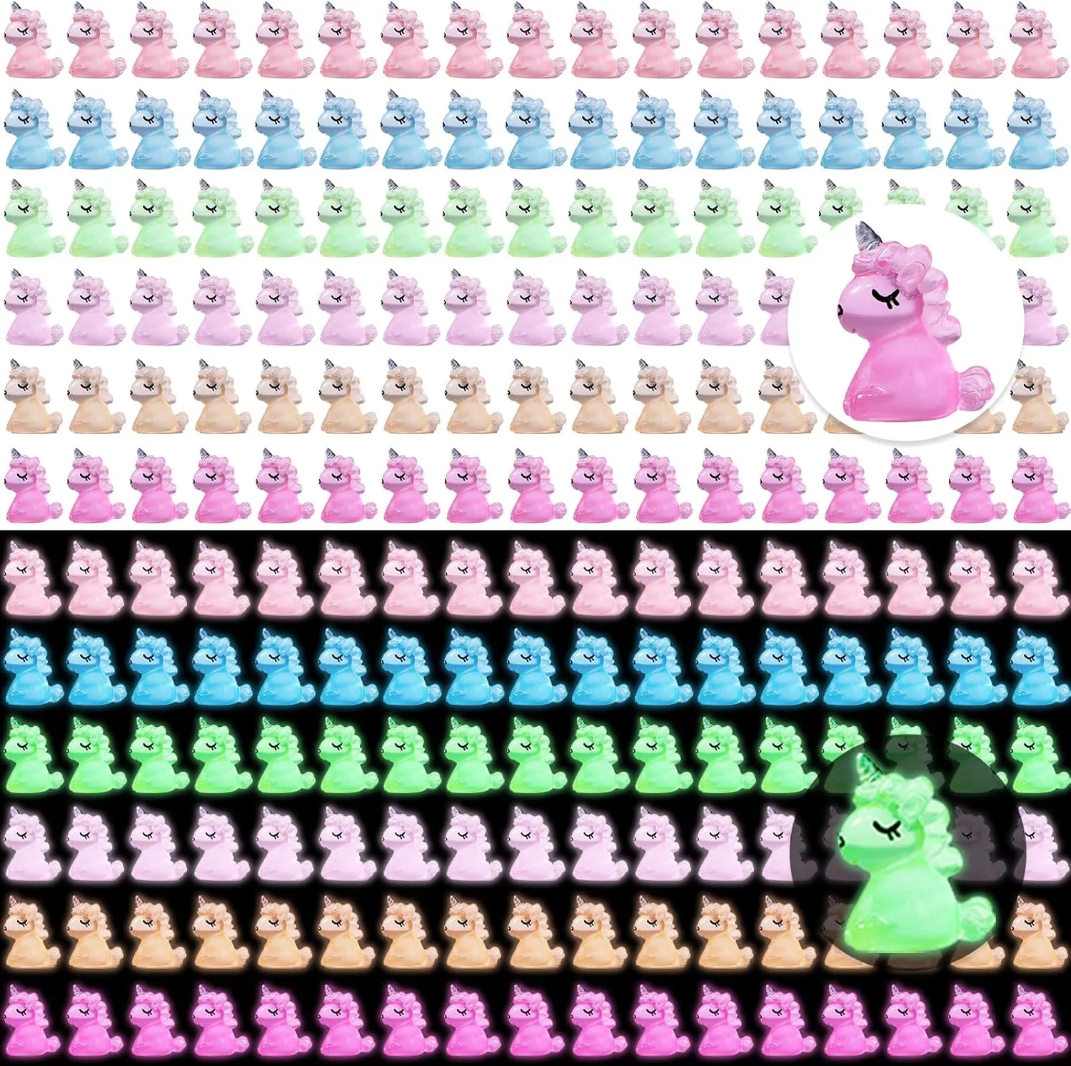 120 Pcs Luminous Mini Resin Unicorn Figurines, Glow in The Dark Resin Unicorn Tiny Unicorn Miniature Figurines for Micro Dollhouse Decorations DIY Hide Seek
