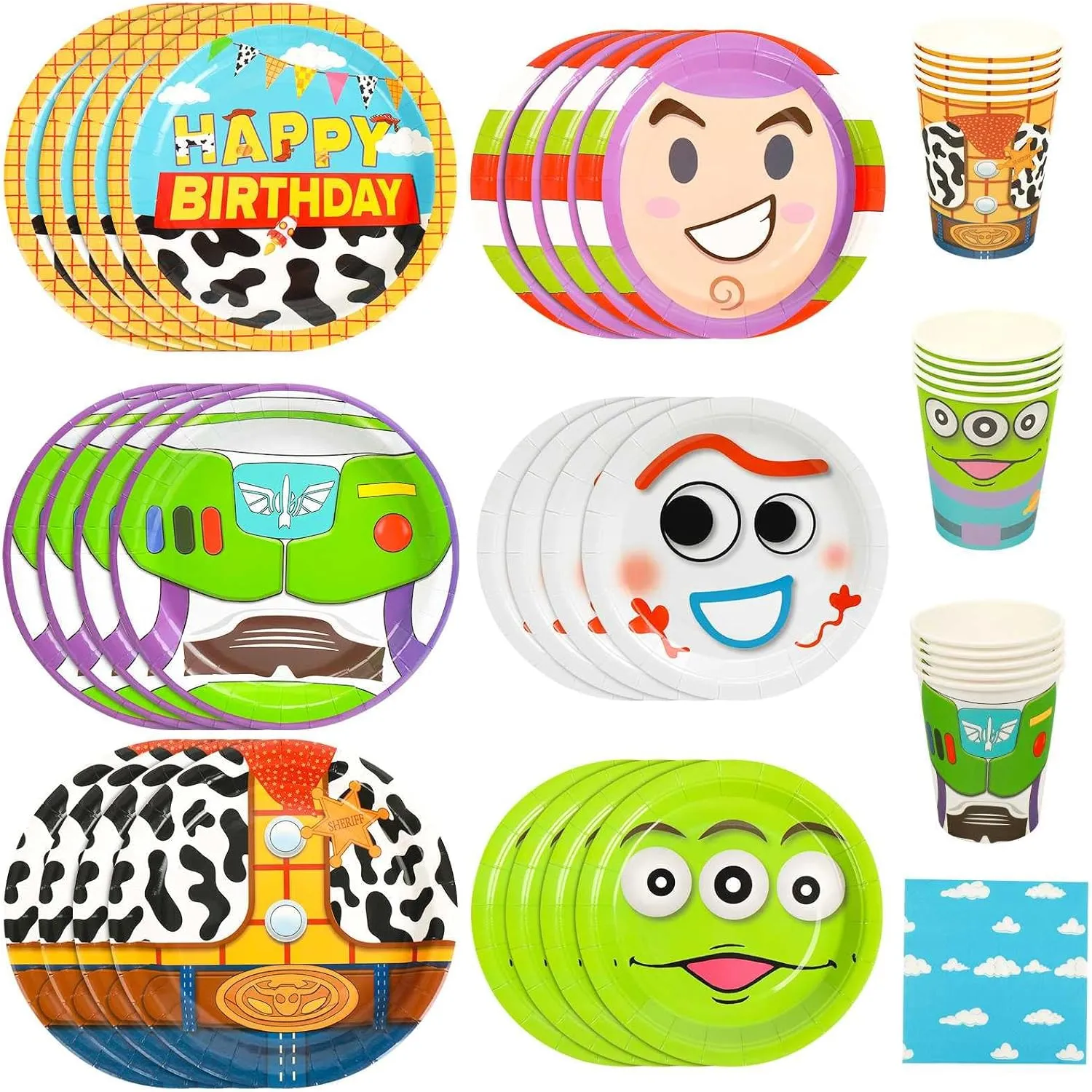 120pcs Toy Birthday Party Supplies, Cartoon Toy Plates Napkins Disposable Party Decorations Cartoon Cups for Boys Girl Birthday Tableware Set for 30 Guests