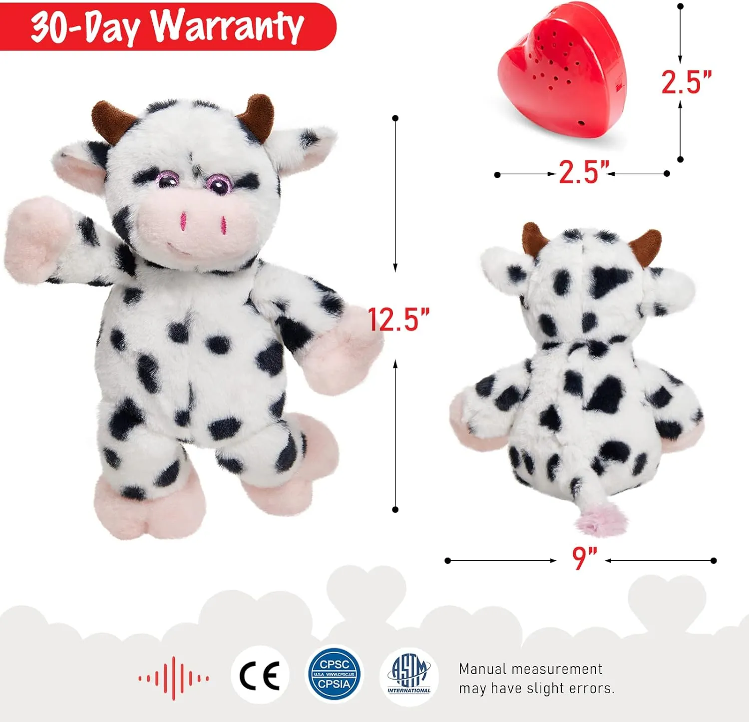 12.5" Heartbeat Diary Cow Recordable Stuffed Animals Voice Sweet Messages Recorder Soft Plush Toy Playback Your Words Birthday Gifts for Toddler Kids