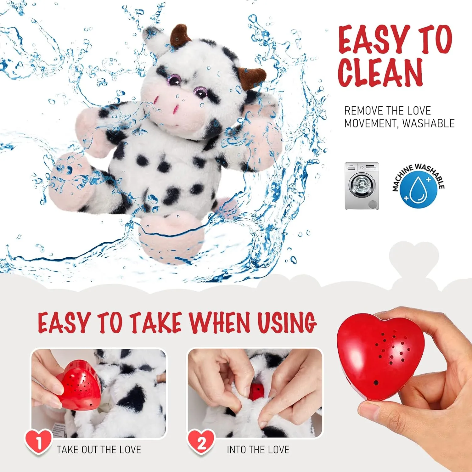 12.5" Heartbeat Diary Cow Recordable Stuffed Animals Voice Sweet Messages Recorder Soft Plush Toy Playback Your Words Birthday Gifts for Toddler Kids