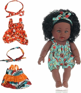 12 Inch African American Baby Doll with Black Skin, Curly Hair, Headband & Romper - Lifelike Soft Body for Hugging and Play