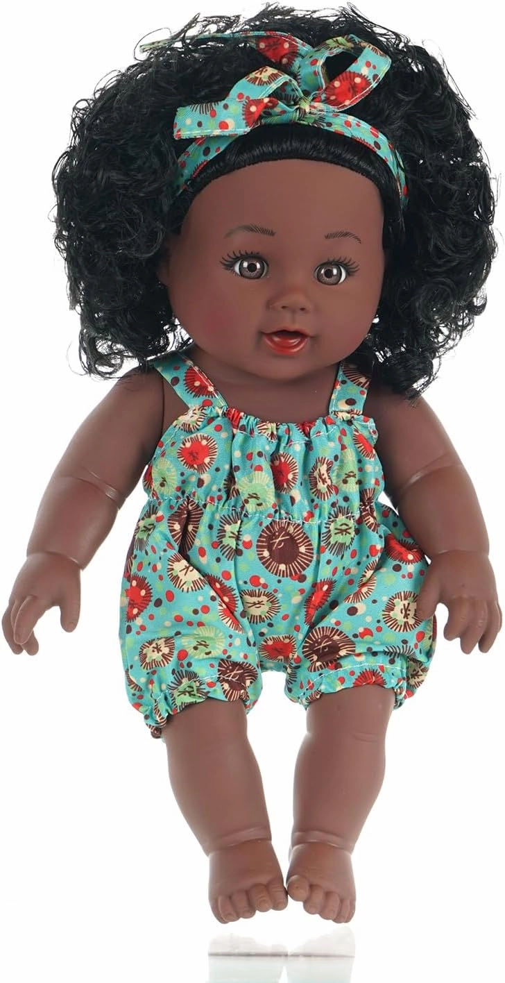 12 Inch African American Baby Doll with Black Skin, Curly Hair, Headband & Romper - Lifelike Soft Body for Hugging and Play