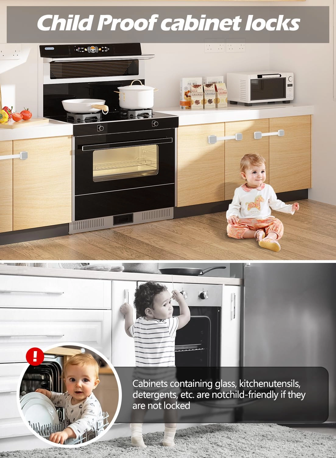 12 Pack Baby Proofing Safety Locks Child Safe for Cabinet Drawer Fridge Oven Dishwasher Doors, Toilet Seat & Lid, Adjustable Furniture Latches and Straps, 3M Adhesive No Drilling Button,Unlock Design