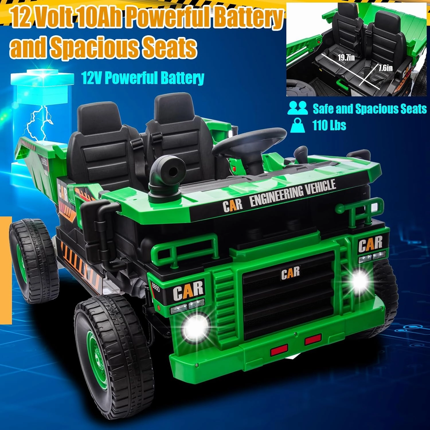 12V 10AH 2-Seater XL Kids Ride on Truck Electric Toy Car with Electric Dump Bed, Parents Remote Control Kids Car Tractor Toys Ride-on Dump Truck for Boys and Girls Ages 3 , Geen