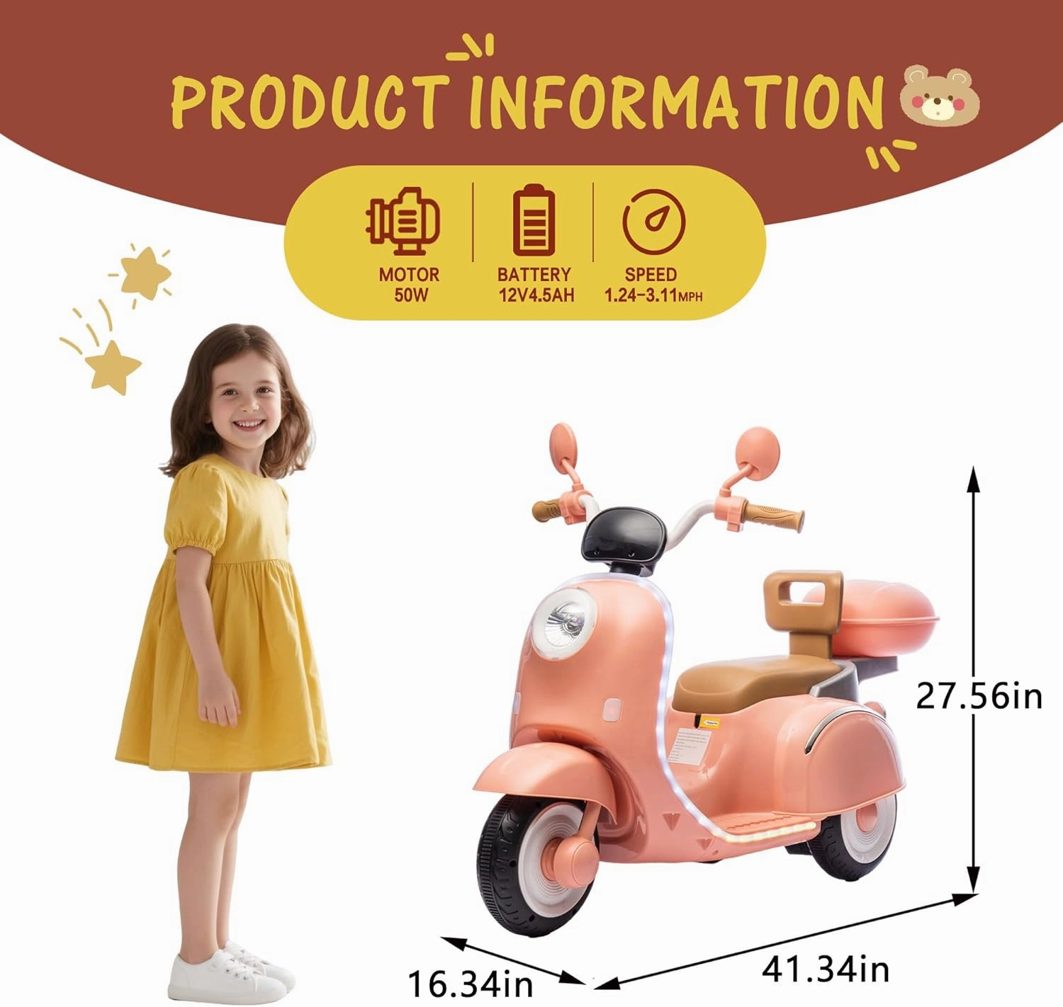 12V 2 Seater Dual Motor Kids Motorcycle, Girls Ride on Toys with Storage Compartments, Kids Ride On Car for Boys Girls, Anti-Slip & Backrest, USB, Bluetooth, Waterfall Light, Pink