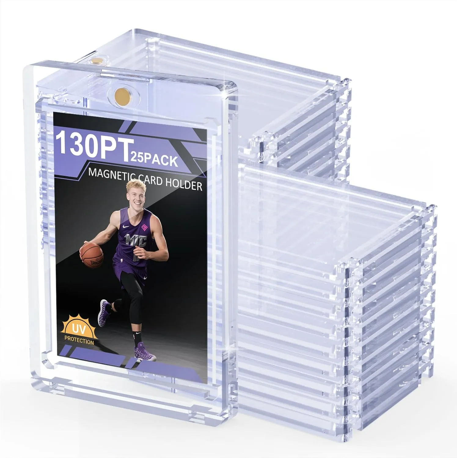 130PT 25 Pack Magnetic Card Holder for Trading Cards, One Card Touch Holder, U-V Protector Baseball Card Hard Plastic Cover for Football Basketball Sports Game