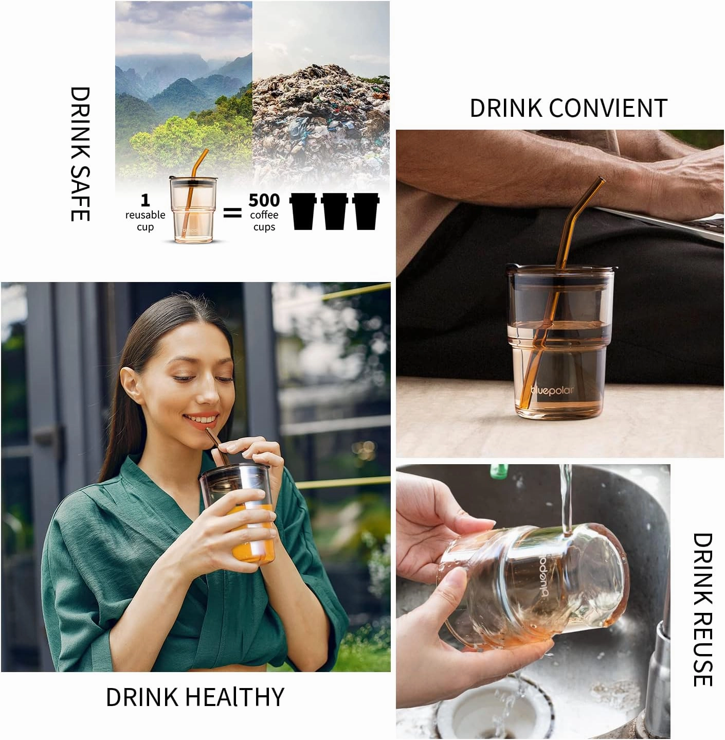 13oz/400ml Glass Water Tumbler with Straw and Lid Sealed Carry On Thick Wall Iced Coffee Cup Glass Cup for Water, Iced Tea Fruit Juice Etc (Amber,2Pack…