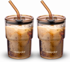 13oz/400ml Glass Water Tumbler with Straw and Lid Sealed Carry On Thick Wall Iced Coffee Cup Glass Cup for Water, Iced Tea Fruit Juice Etc (Amber,2Pack…