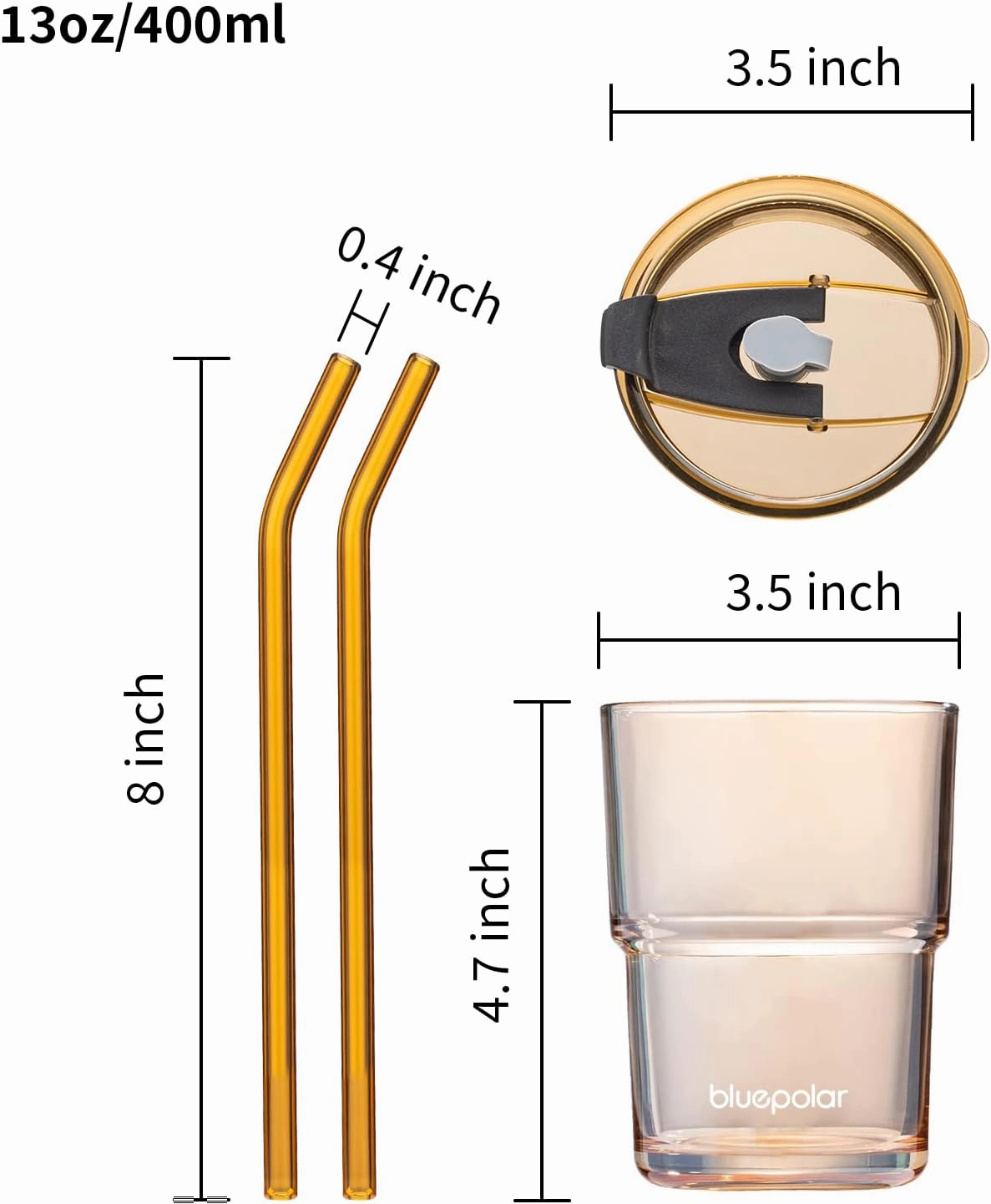 13oz/400ml Glass Water Tumbler with Straw and Lid Sealed Carry On Thick Wall Iced Coffee Cup Glass Cup for Water, Iced Tea Fruit Juice Etc (Amber,2Pack…