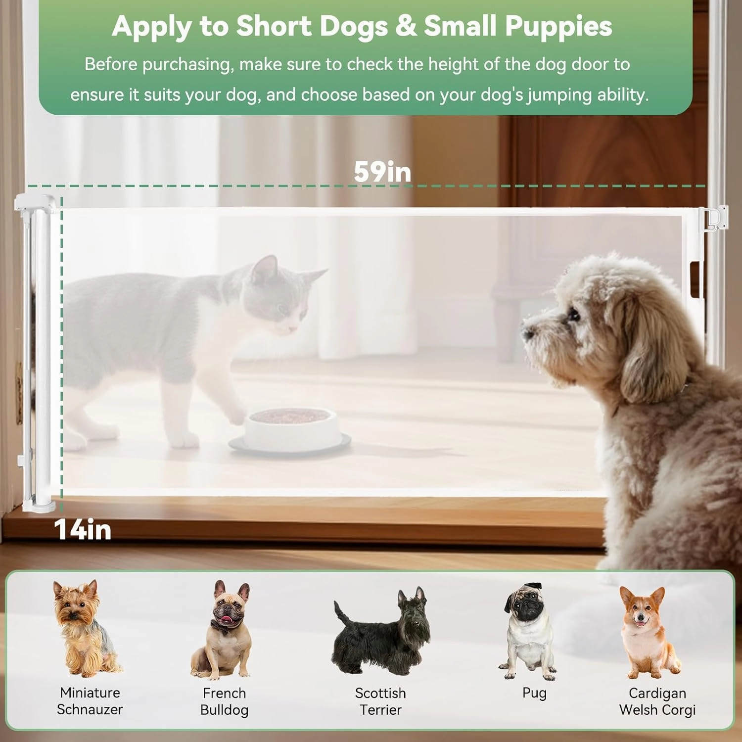 14" Tall Short Dog Gate to Step Over, Retractable Mesh Pet Door for Small Puppy, Extended up to 59" Wide for Indoor Stairs Doorways and Hallway(White)