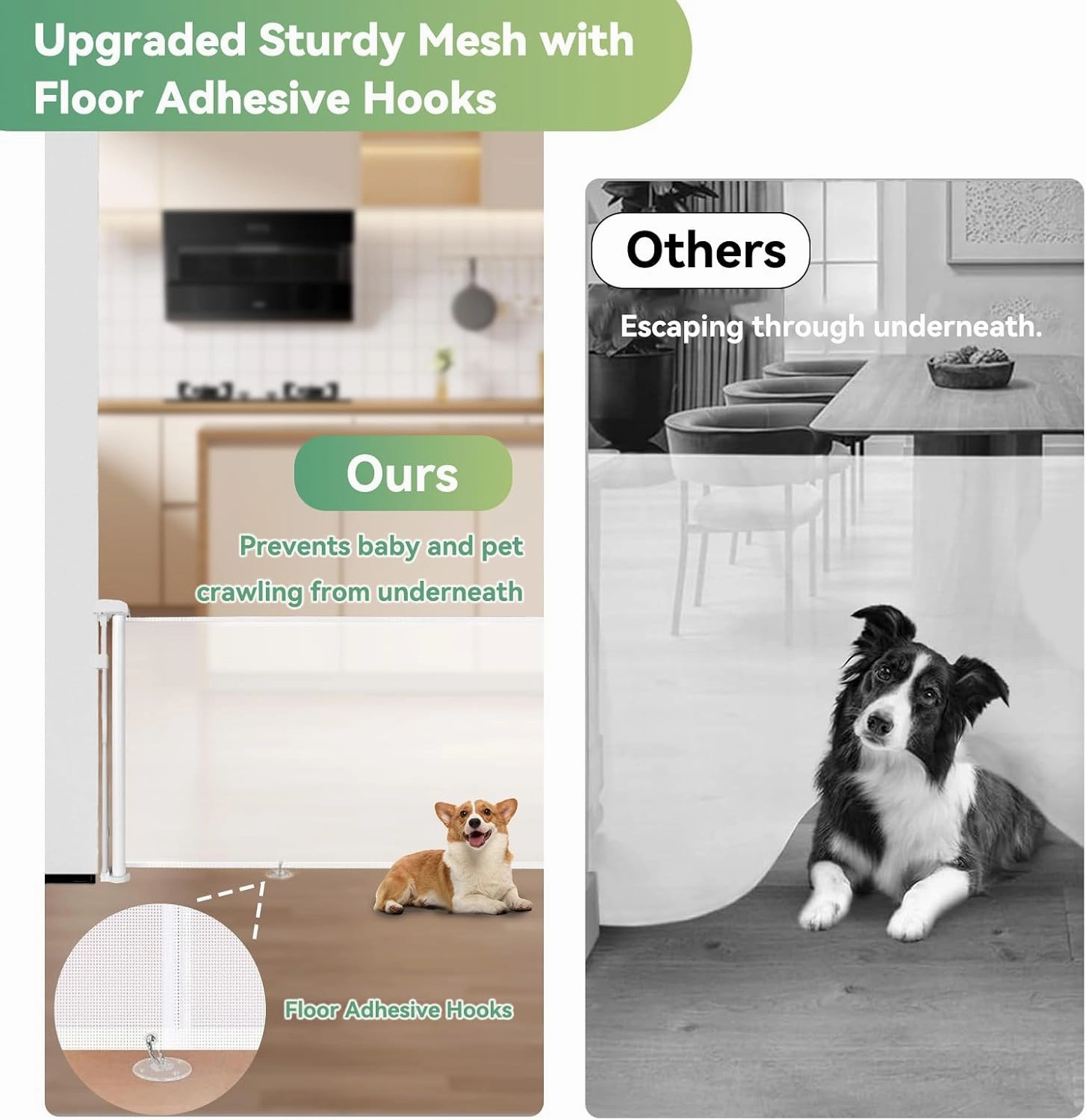14" Tall Short Dog Gate to Step Over, Retractable Mesh Pet Door for Small Puppy, Extended up to 59" Wide for Indoor Stairs Doorways and Hallway(White)
