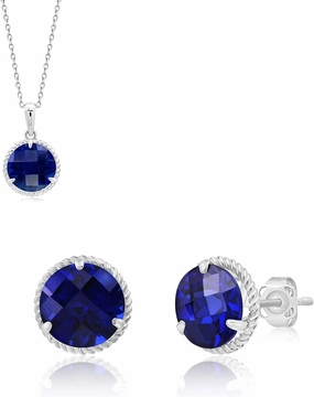 14k White Gold Roped Halo Blue Sapphire Gemstone Round Stud Earrings and Pendant Necklace for Women with Push Backs | 8mm Birthstone Solitaire Birthstone with 18 Inch Cable Chain by MAX   STONE