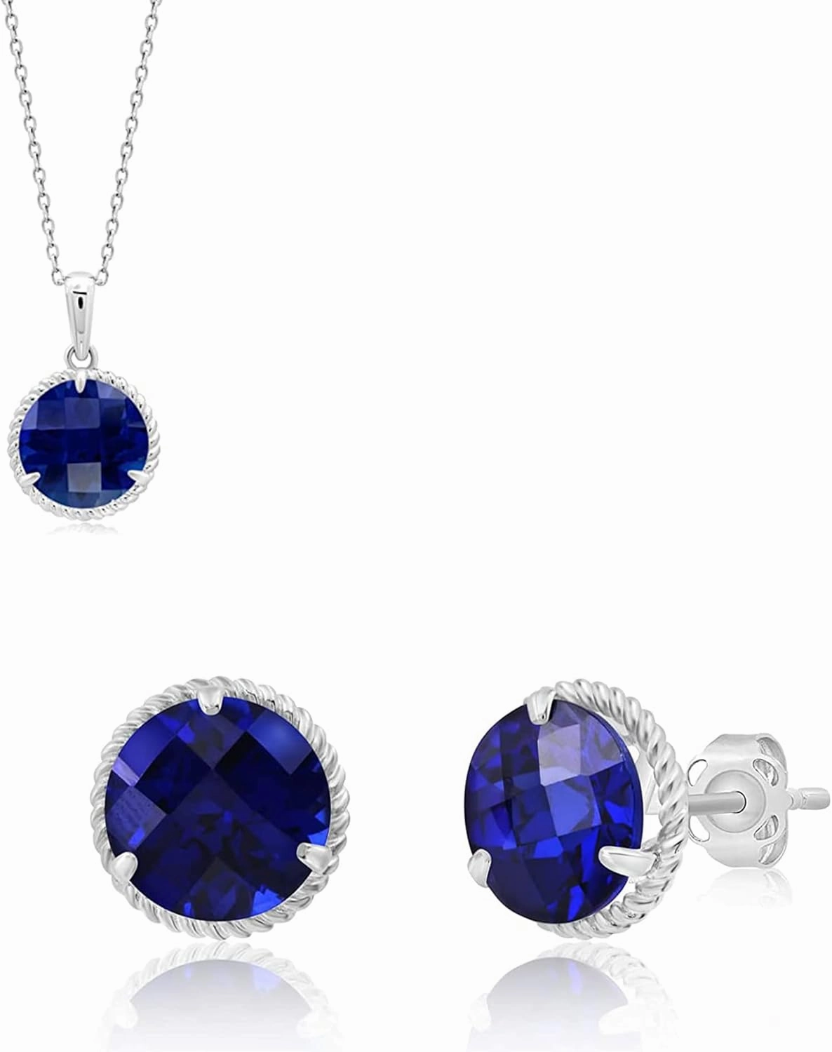 14k White Gold Roped Halo Blue Sapphire Gemstone Round Stud Earrings and Pendant Necklace for Women with Push Backs | 8mm Birthstone Solitaire Birthstone with 18 Inch Cable Chain by MAX   STONE