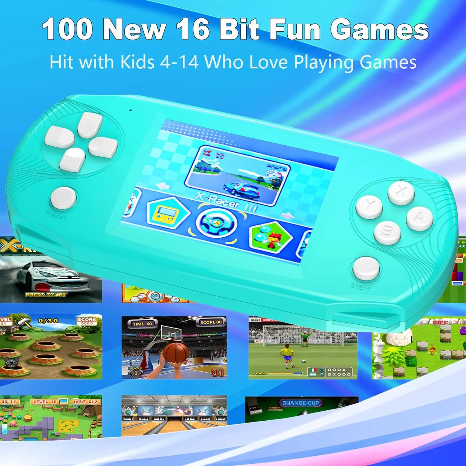 16 Bit Handheld Game Console, 3.2'' IPS HD Big Screen, 100 Preloaded Games, Blue, Kids 4-14 Years, Adventure Theme