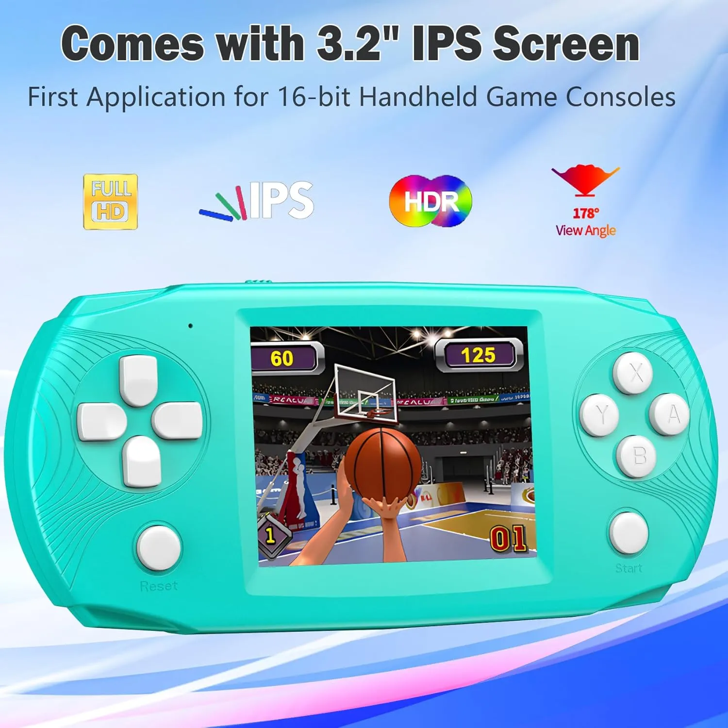 16 Bit Handheld Game Console, 3.2'' IPS HD Big Screen, 100 Preloaded Games, Blue, Kids 4-14 Years, Adventure Theme