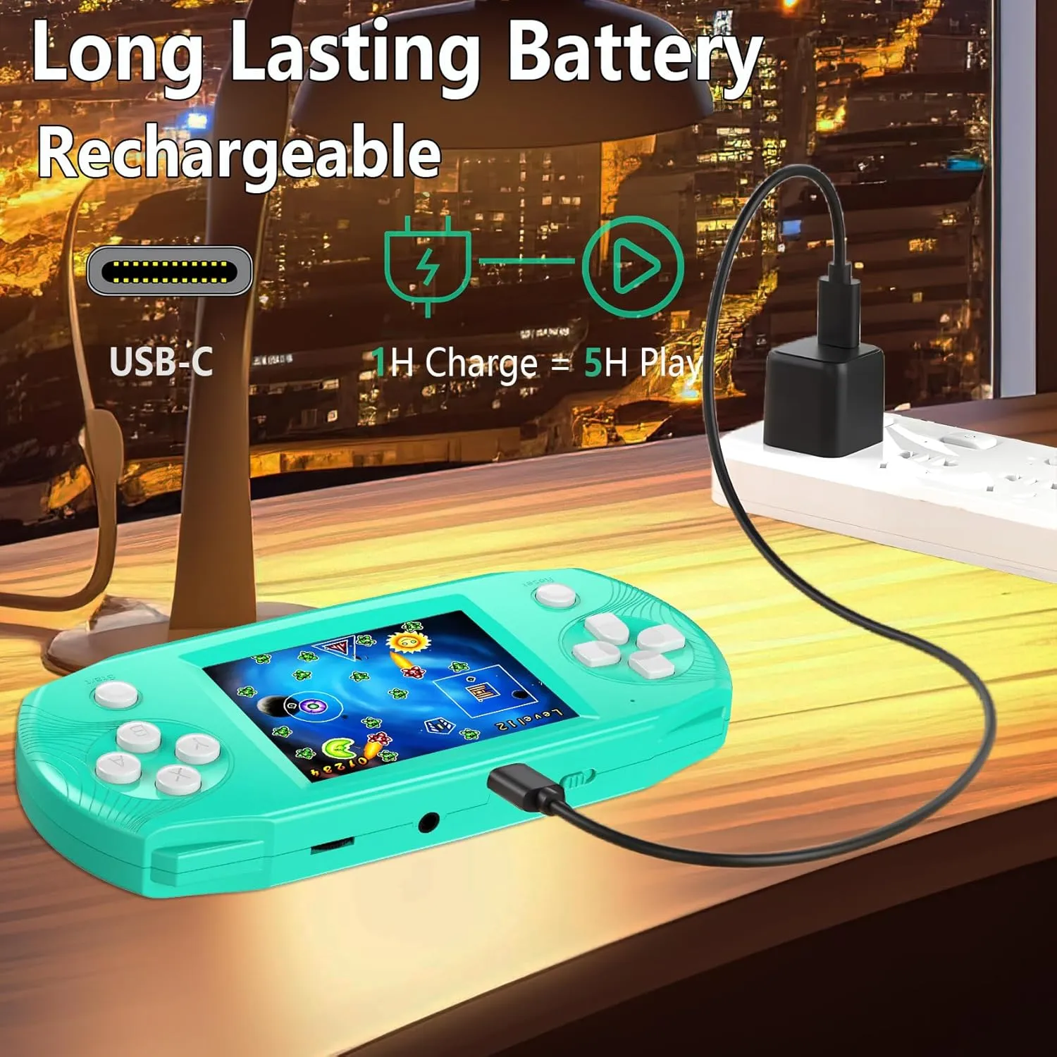 16 Bit Handheld Game Console, 3.2'' IPS HD Big Screen, 100 Preloaded Games, Blue, Kids 4-14 Years, Adventure Theme