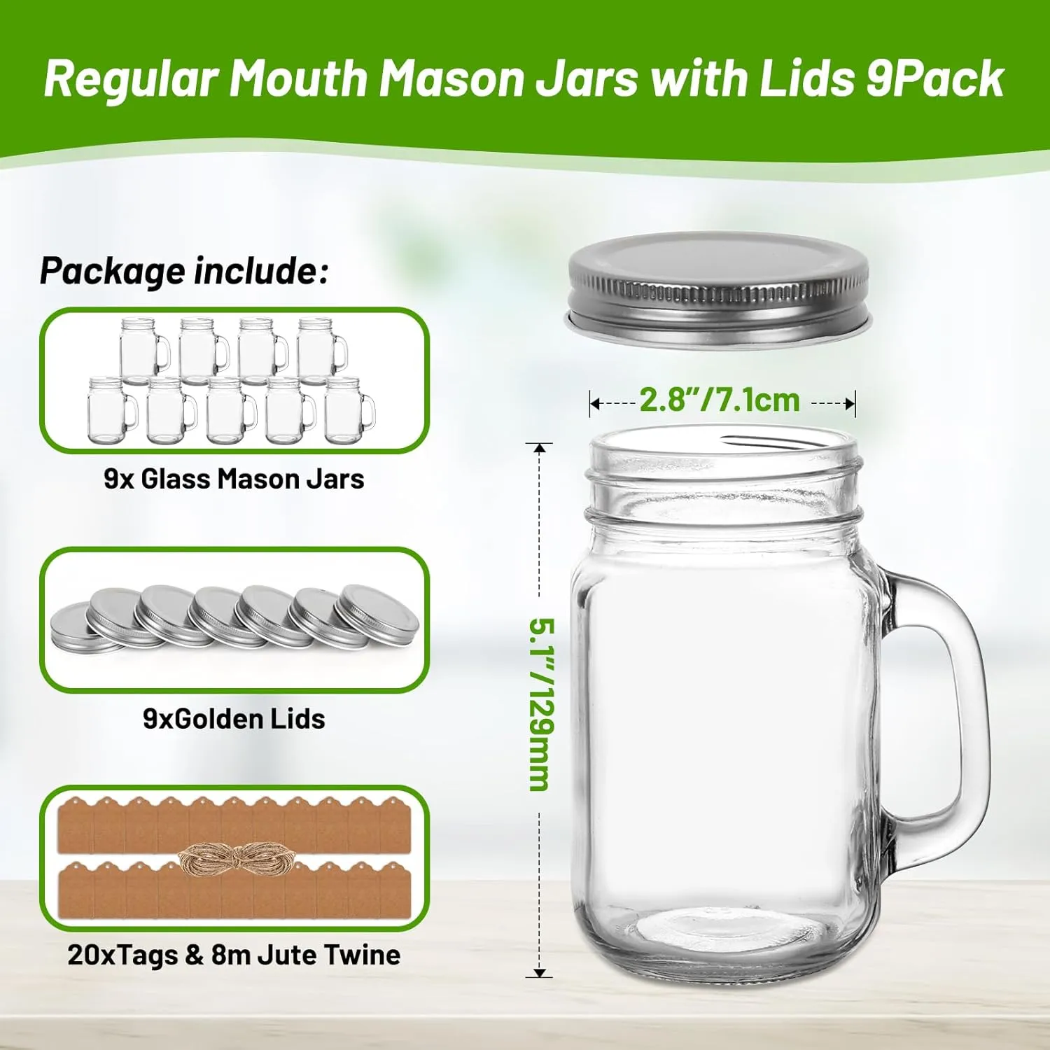 16 oz Mason Jars with Handle 9Pack, Mason Jar Mugs with screw top lids with rubber seal- Pint Mason Jars 16 oz with Silver Lids for Drinks/Canning/Preserving/Meal Prep(16oz, Set of 9)