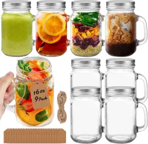 16 oz Mason Jars with Handle 9Pack, Mason Jar Mugs with screw top lids with rubber seal- Pint Mason Jars 16 oz with Silver Lids for Drinks/Canning/Preserving/Meal Prep(16oz, Set of 9)