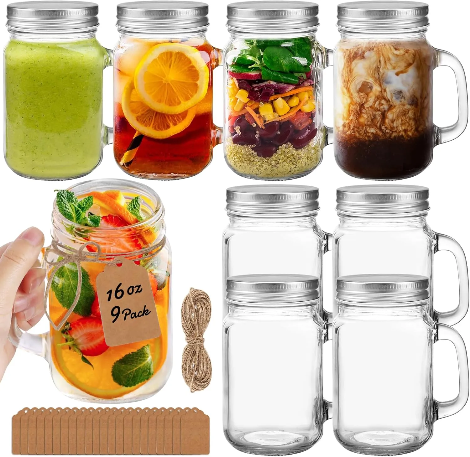 16 oz Mason Jars with Handle 9Pack, Mason Jar Mugs with screw top lids with rubber seal- Pint Mason Jars 16 oz with Silver Lids for Drinks/Canning/Preserving/Meal Prep(16oz, Set of 9)
