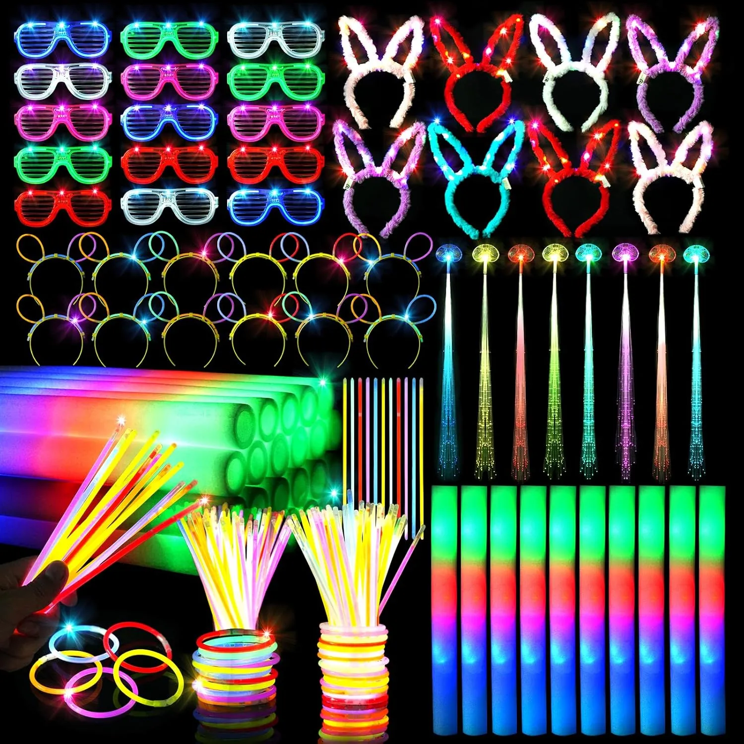 163 PCs Glow Party Supplies, 12 Foam Glow Sticks, 15 LED Glasses,8 Bunny Ear Headband ,100 Glow Sticks & 12 Glow sticks headband 12 Fiber Optic Hair Light，Glow Neon Party Favors for Wedding, Concert