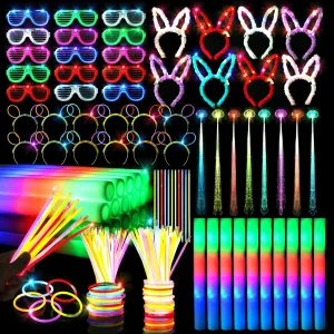 163 PCs Glow Party Supplies, 12 Foam Glow Sticks, 15 LED Glasses,8 Bunny Ear Headband ,100 Glow Sticks & 12 Glow sticks headband 12 Fiber Optic Hair Light，Glow Neon Party Favors for Wedding, Concert
