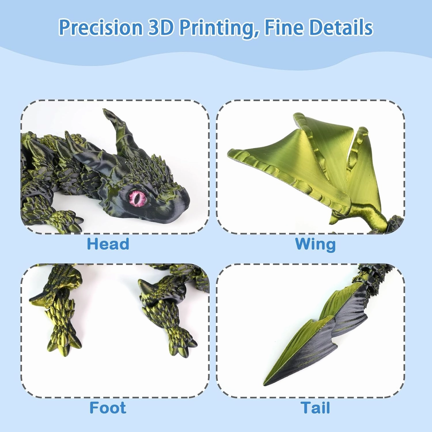 16inch 3D Printed Dragon with Wings,Realistic Eyes, Articulated Wings for Desk Decor, Shelf Display or Surprising Gift 3PCS