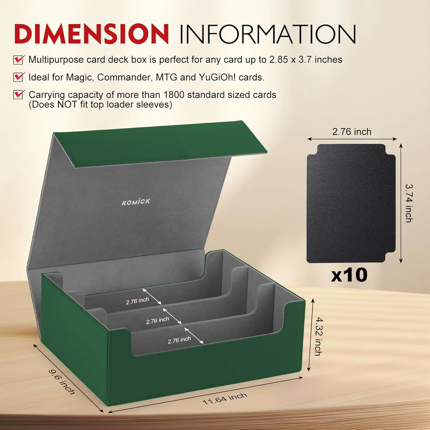 1800  Card Deck Case – PU Leather Trading Card Box Storage Lined MTG Deck Box, Card Box for YuGiOh Deck, Bloomburrow MTG, Baseball, Fnal Fantasy MTG, TCG Storage Deck Box (Green/Grey)