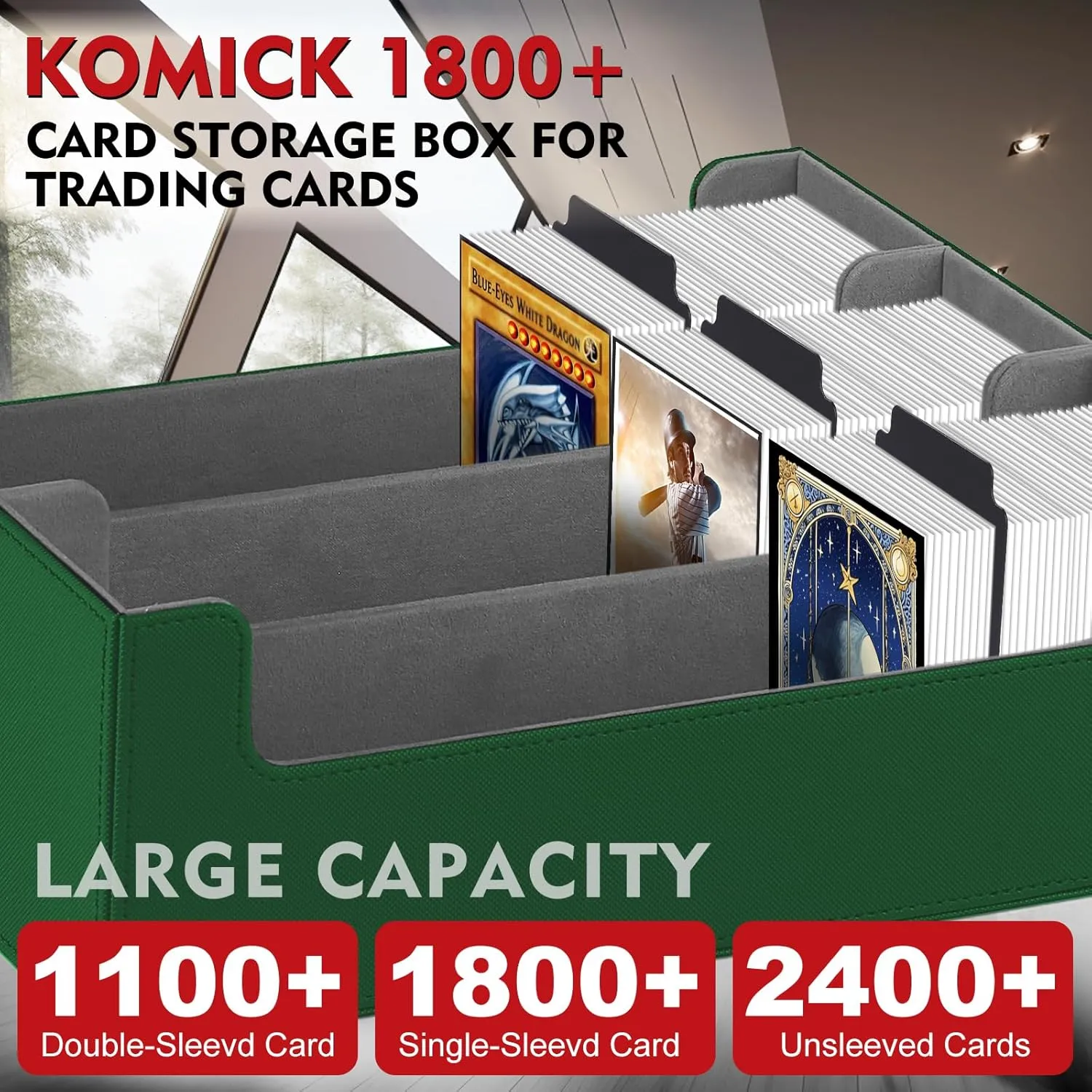 1800  Card Deck Case – PU Leather Trading Card Box Storage Lined MTG Deck Box, Card Box for YuGiOh Deck, Bloomburrow MTG, Baseball, Fnal Fantasy MTG, TCG Storage Deck Box (Green/Grey)